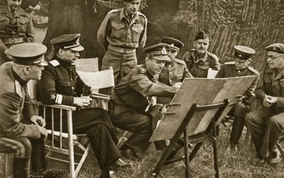 Lieutenant General Dempsey, Commander of the British Second Army, explains to Soviet officers the state of affairs on the Western Front, 1944